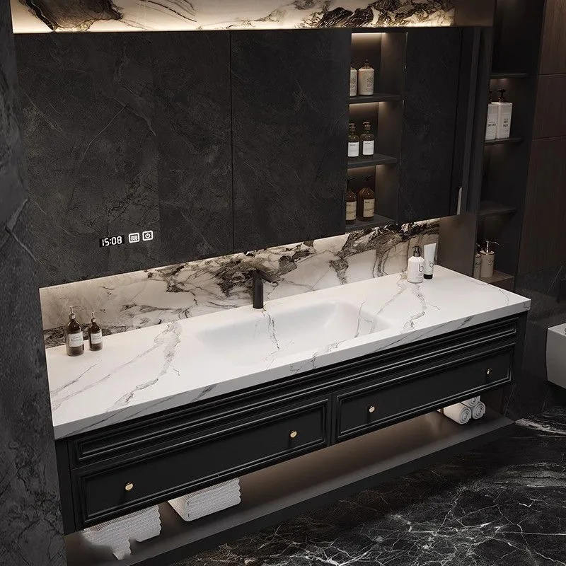 French solid wood rock slab hot bending integrated double basin bathroom cabinet combined bathroom wash basin washbasin cabinet