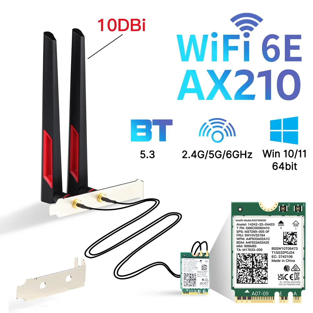 5374Mbps for Intel AX210 802.11ax Wi-Fi 6E Card Bluetooth 5.3 MU-MIMO AX210NGW Desktop Kit 2.4G/5G/6Ghz WiFi Adapter Win 10/11