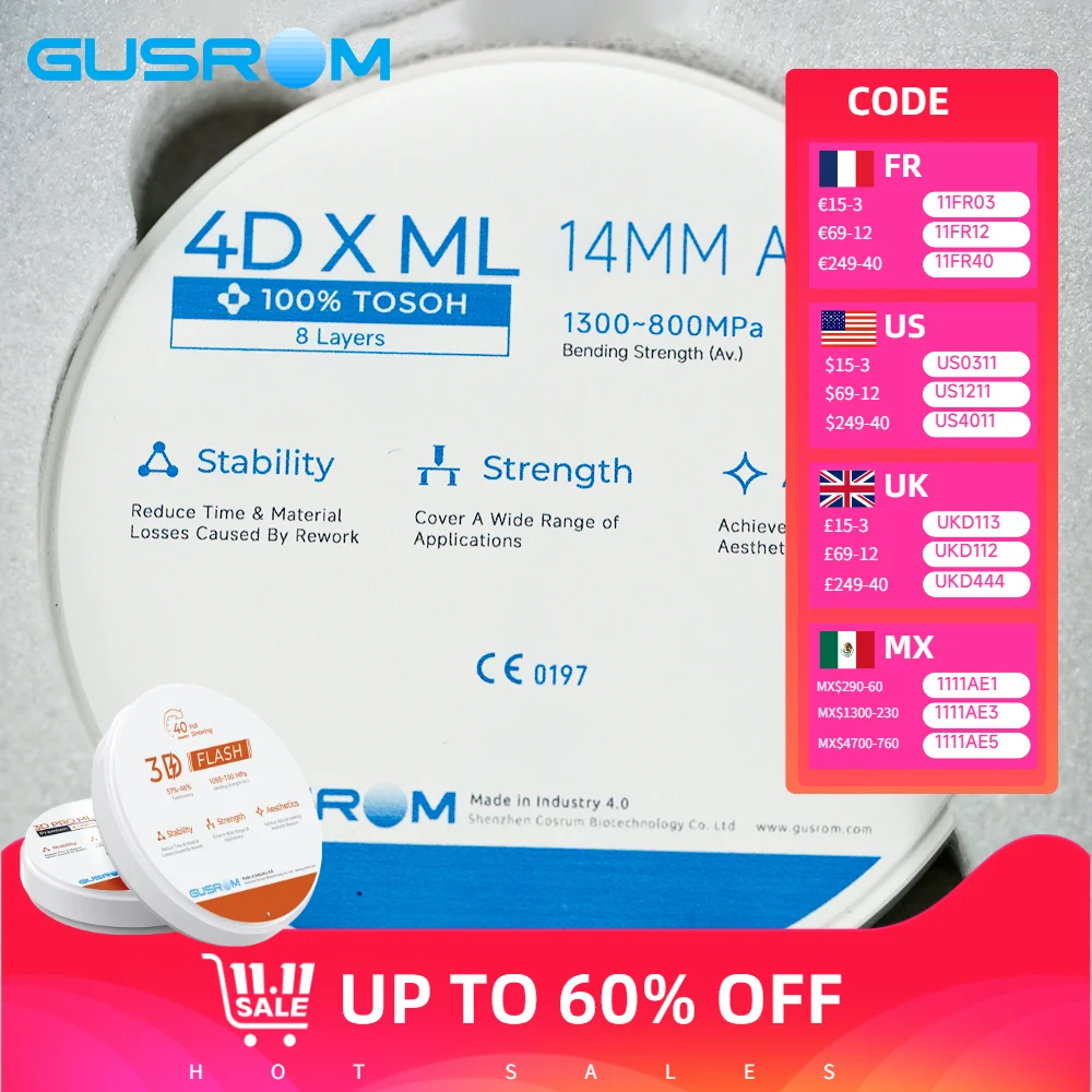 

Dental Zirconia Block 98mm GUSROM 4D X ML Multilayer Tosoh Zirconia Disc for Dental Lab CAD/CAM Crown Bridge 1300–800MPa Vita16