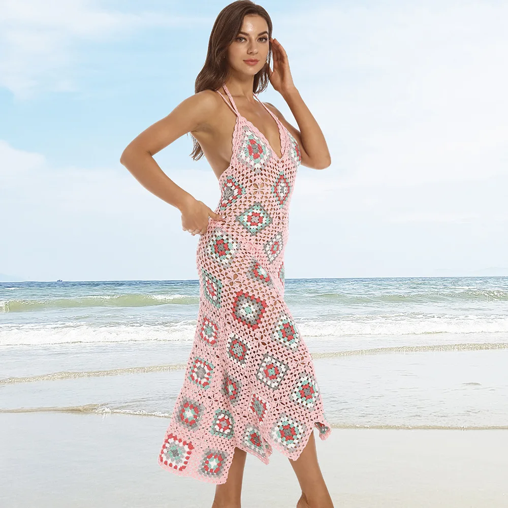 Ethnic Pattern Knitted Handmade Crochet Women Robe Boho Beach Dress Sexy Deep V Neck Sleeveless Backless Ladies Summer Vestidos