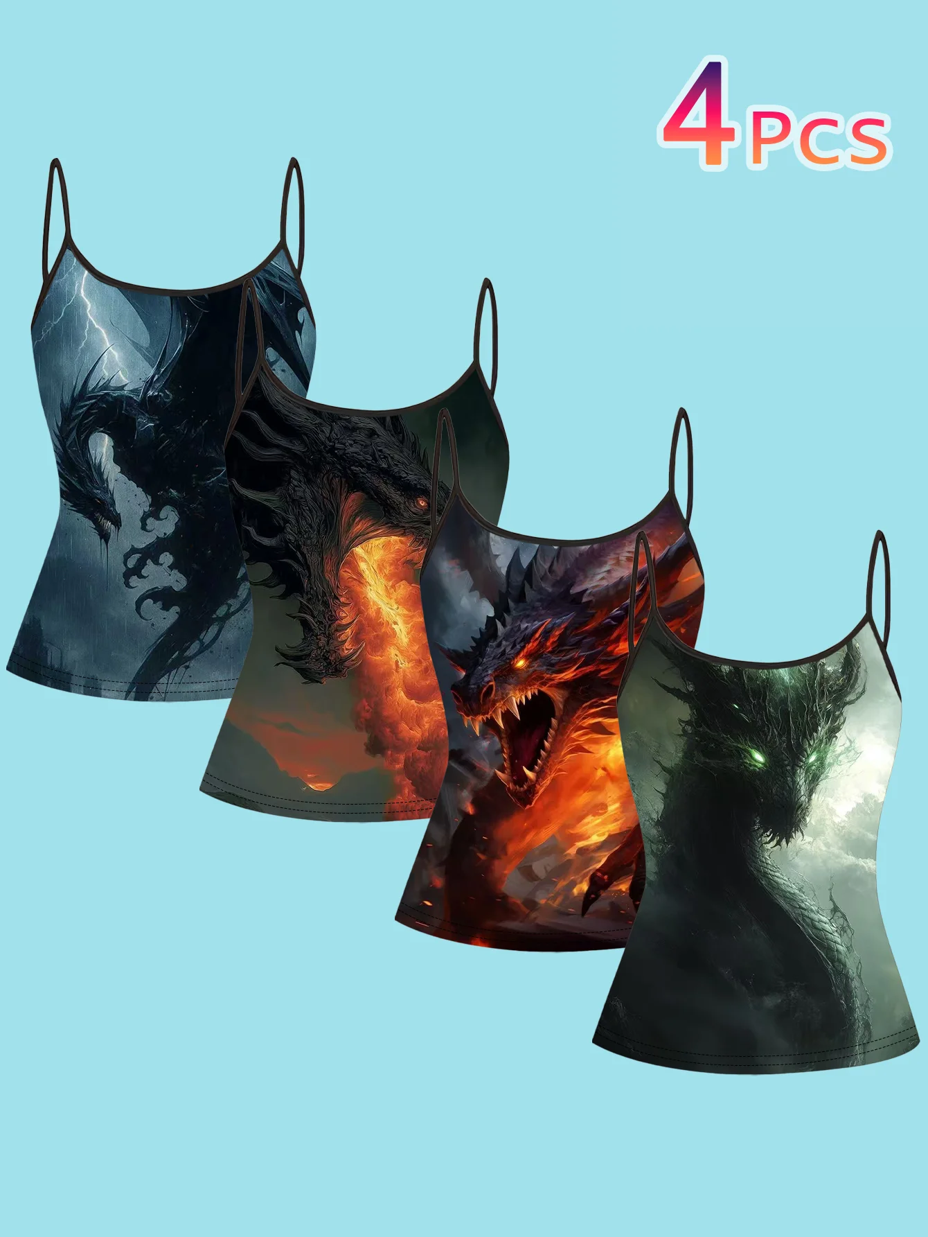 4-Piece Set of Fantasy Dragon Print Camisoles for Women, Featuring Lightning, Fire, and Dark Dragons in Artistic Illustrations, with Thin Straps and a Slim Fit Design