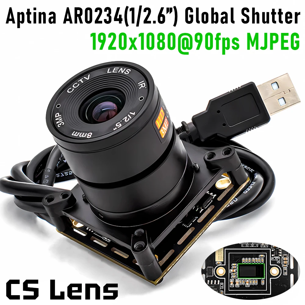 1080P 90FPS Global Shutter USB Camera 10X Zoom CS Mount Lens Plug Play Video Web Camera for Industrial Machine Vision Security