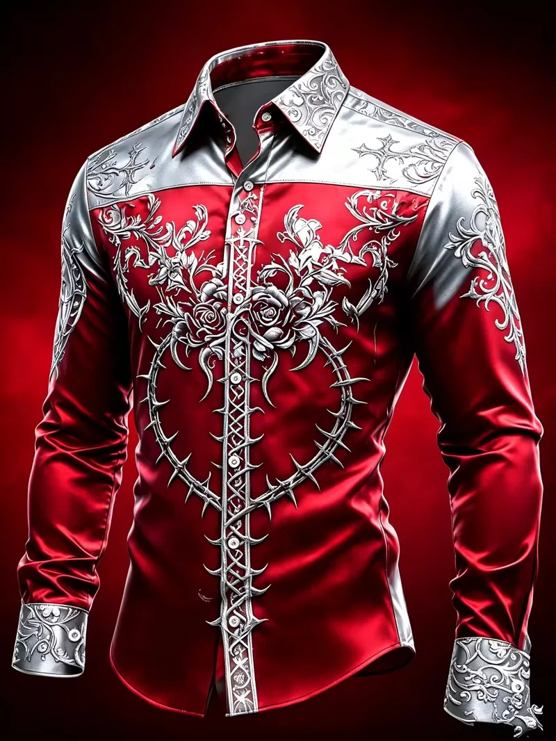 New light luxury geometric hot stamping jacquard long sleeved shirt, British tough guy slim fit business men's shirt