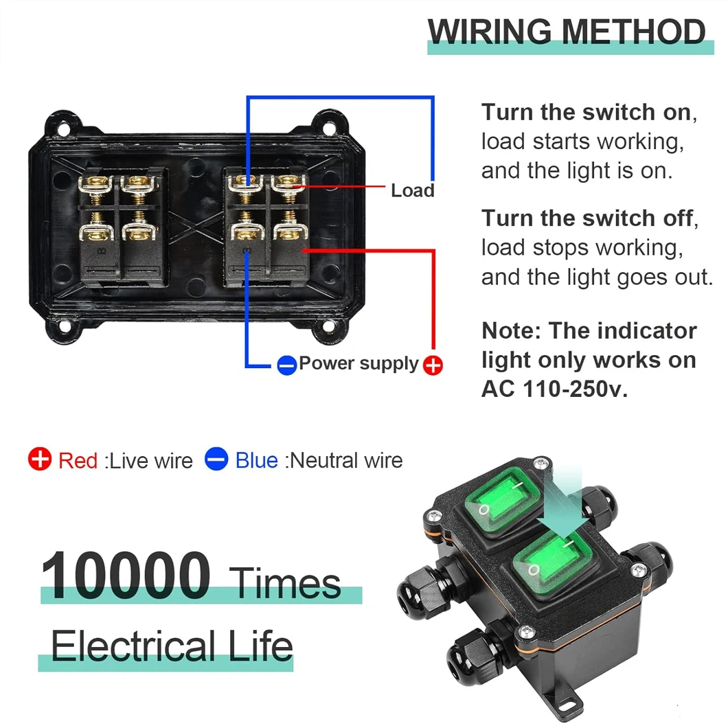 DPST التيار المتناوب/DC220V 20A/30A الروك مفتاح بـزر دفع صندوق IP66 على الخروج تبديل التبديل ضعف الجانب ثقب مزدوج KCD4 الروك التبديل صندوق #5