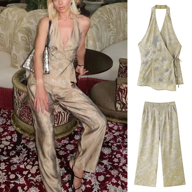 

Summer New Women's Faion Set Floral Printing Long Pants + Waist-Cinching Belt Embroidered Top V-Ne ort Sve 4786295