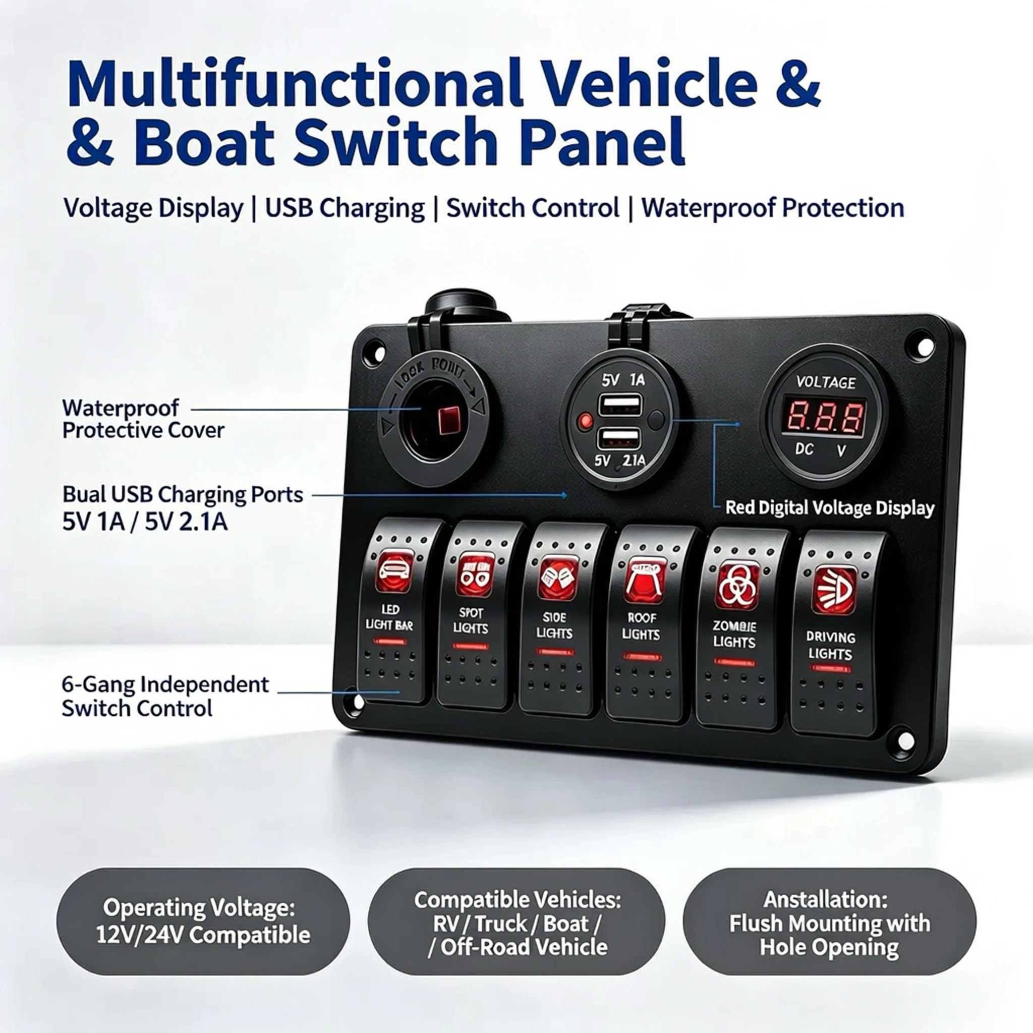6 GANG MARINE ROCKER SWITCH PANEL WITH VOLTMETER, POWER SOCKET AND USB PORT FOR BOAT YACHT RV CAR