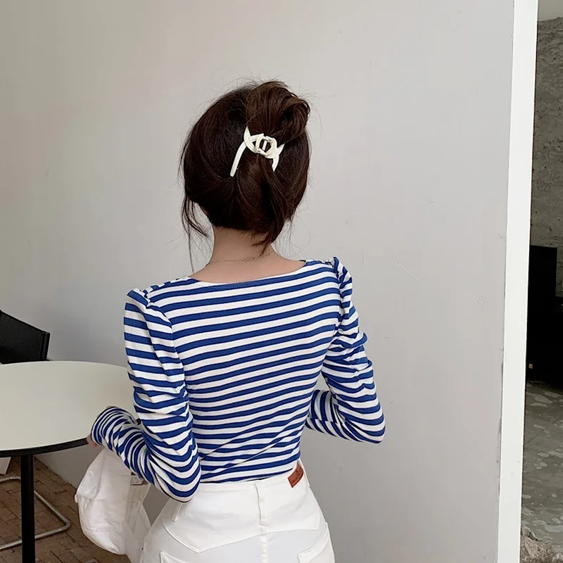 Romantic Indie All-Match Long Sleeve Crop Top French Style Fashion Women Clothing Women 2022 Sexy Stripe Off Shoulder T-shirts