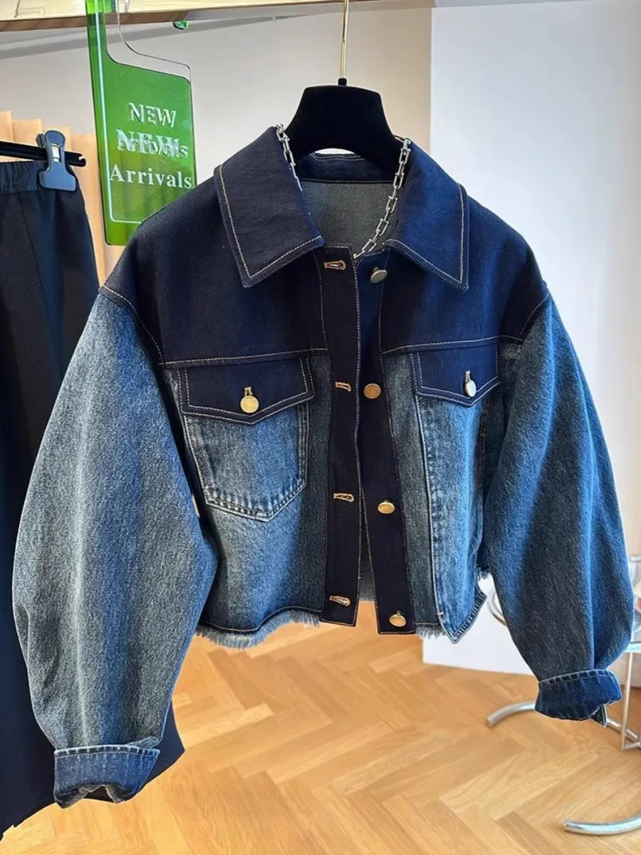 Vintage Blue Patchwork Crop Denim Jacket Women Korean Style Turn-down Collar Single-breasted Short Jeans Jackets Autumn Overcoat