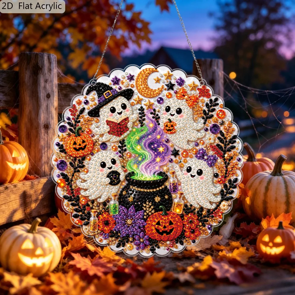 Halloween Pearl Diamond Painting Suncatcher Kit Diy Craft Metal Chain 3d Mixed-sized Pearl Beads Craft Festive Window Wall Decor