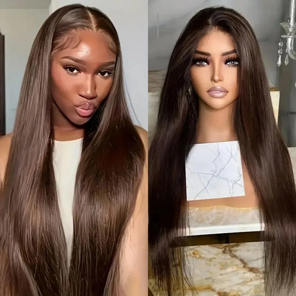 

Dark Brown Bone Straight Wigs 13X4 HD Lace Frontal Wigs 200% Density Ready To Wear Synthetic Heat Resistant PrePlucked Daily Use