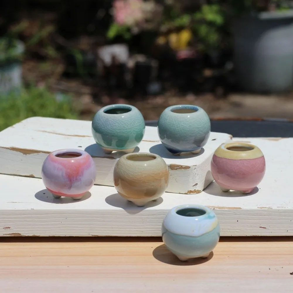 Delicate control mini thumb pot handmade ice crack small flower pot gradual change flow glaze coarse pottery pot breathable