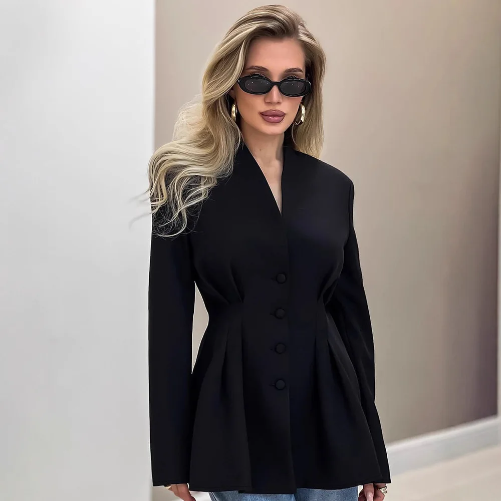European And American Women's Fashion Autumn Elegant Slim Waist Black Blazer Commuting Design V-Neck Suit Jacket