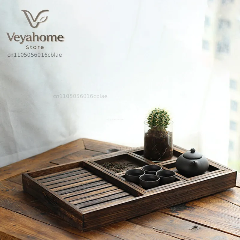 Japanese Burnt Tung Wood Tray Seven-Piece Home Rectangular Small Fruit Tray Solid Wood Snack Nut Tea