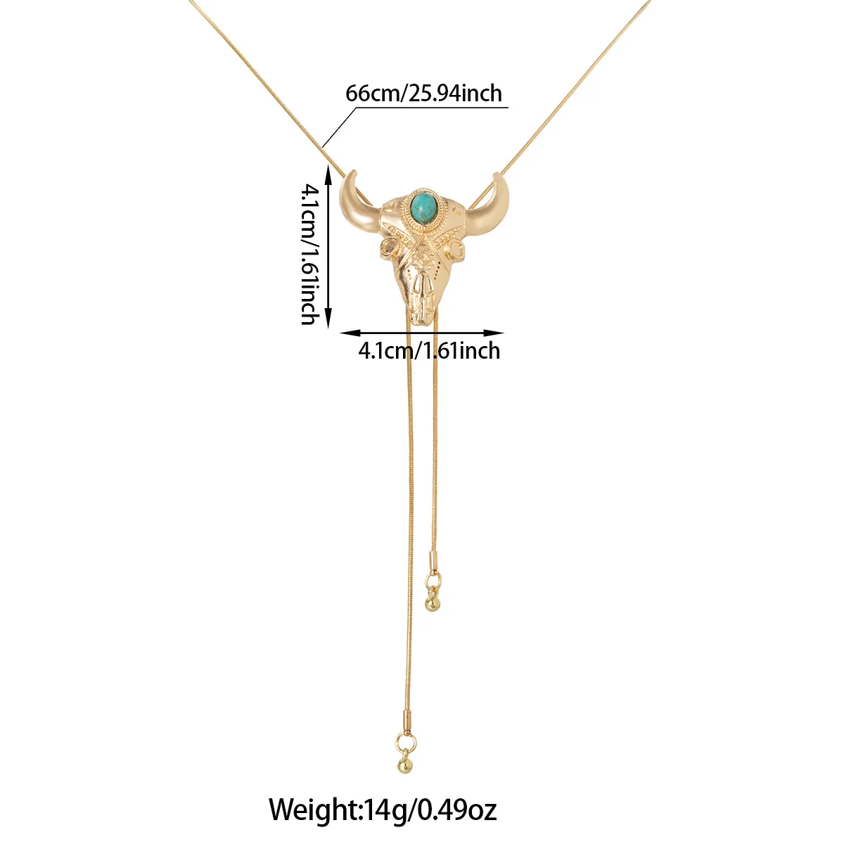European and American Style Bull Skull Pendant Necklace, Gold Snake Chain with Turquoise Drawstring Style