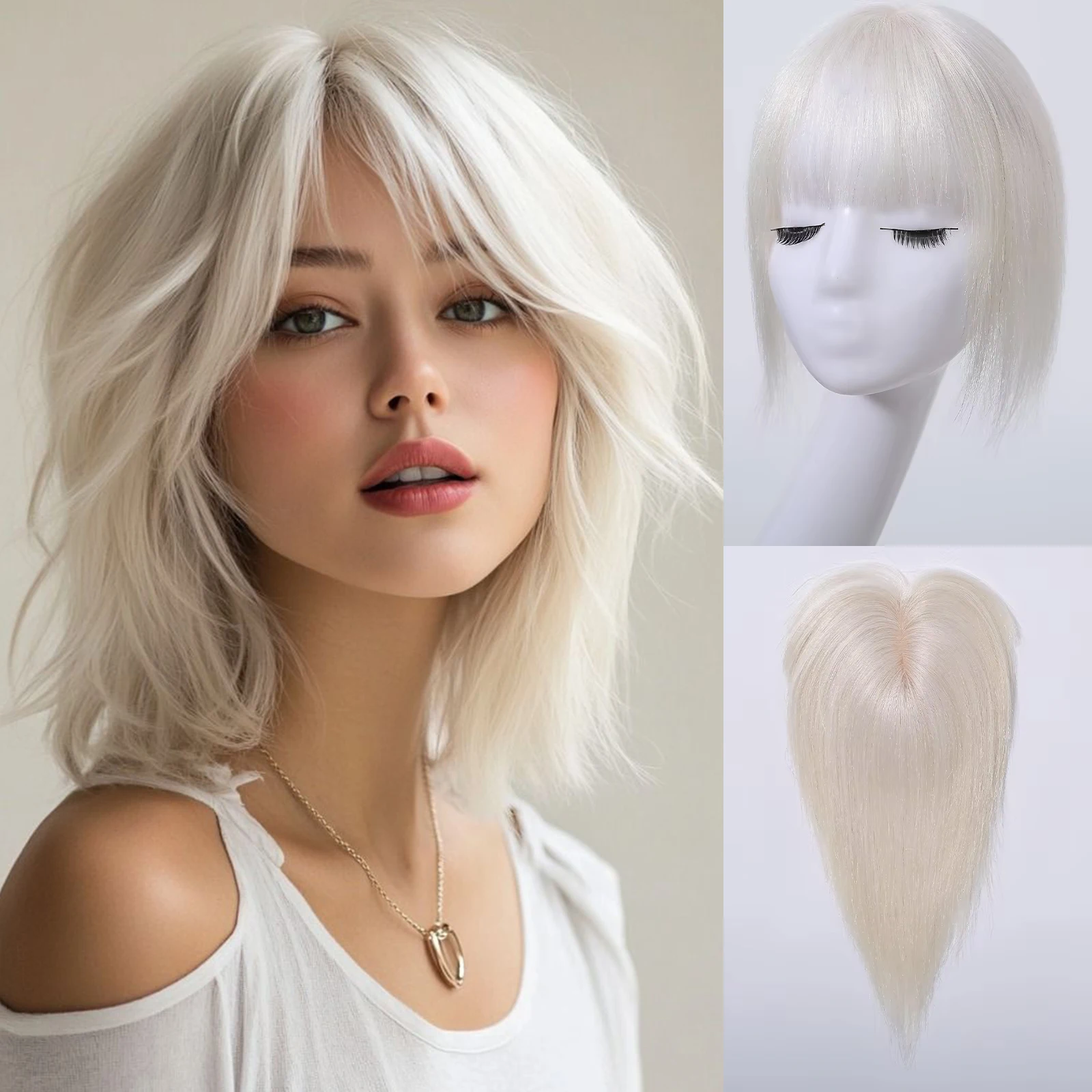 

White Blonde Human Hair Topper for Women 10 Inches Blonde Hair Pieces Topper With Bangs Clips in Hair Topper 6*11cm Base