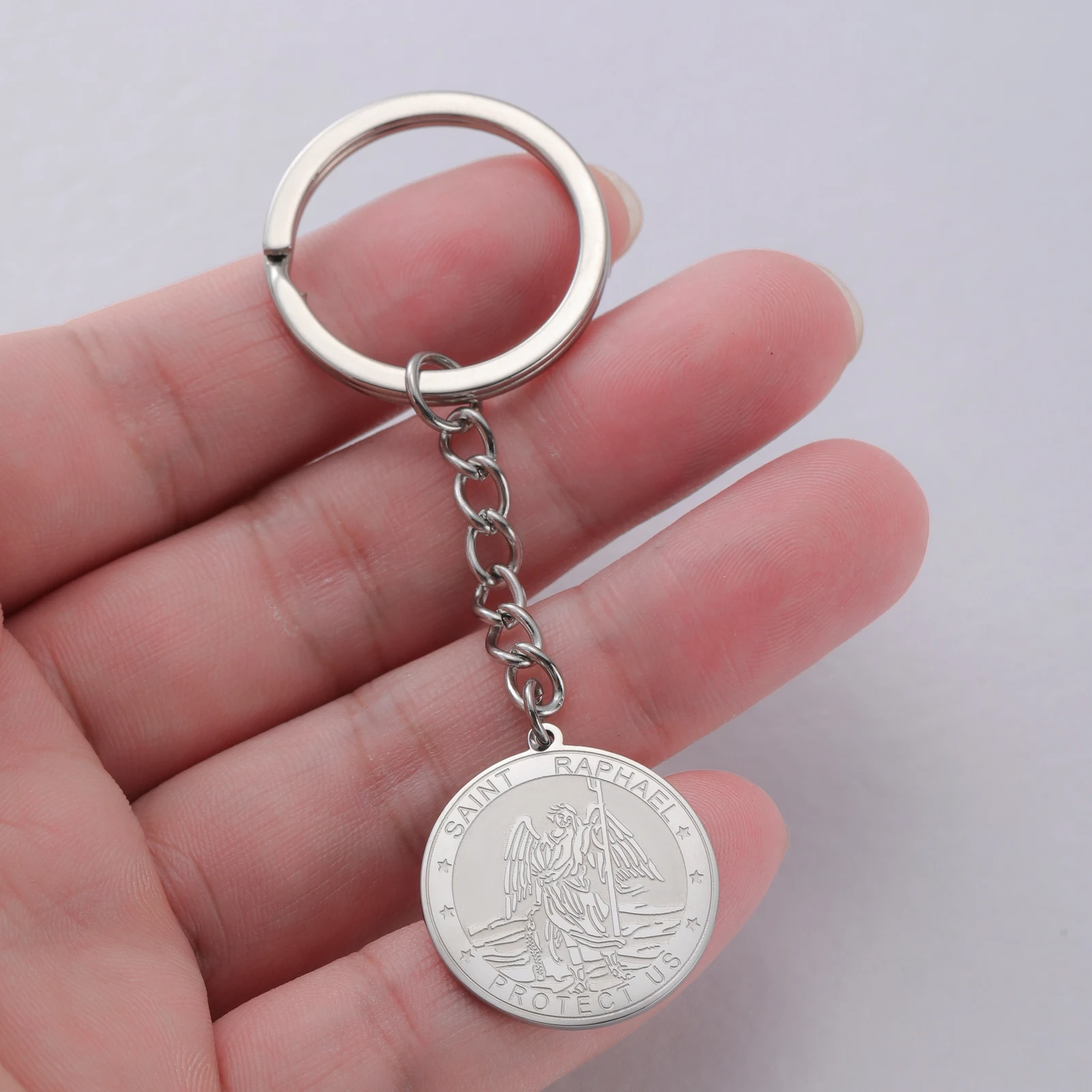 LIKGREAT Archangel Raphael Keychain Stainless Steel Key Ring Catholic Healing Protection Valentine's Day Gift Double-sided