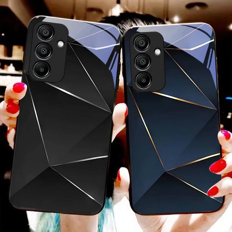 Geometric prism For Samsung Galaxy A15 5G 54 4G 51 50 24 35 90 71 12 51 53 52S 80 22 34 Black tempered glass phone case