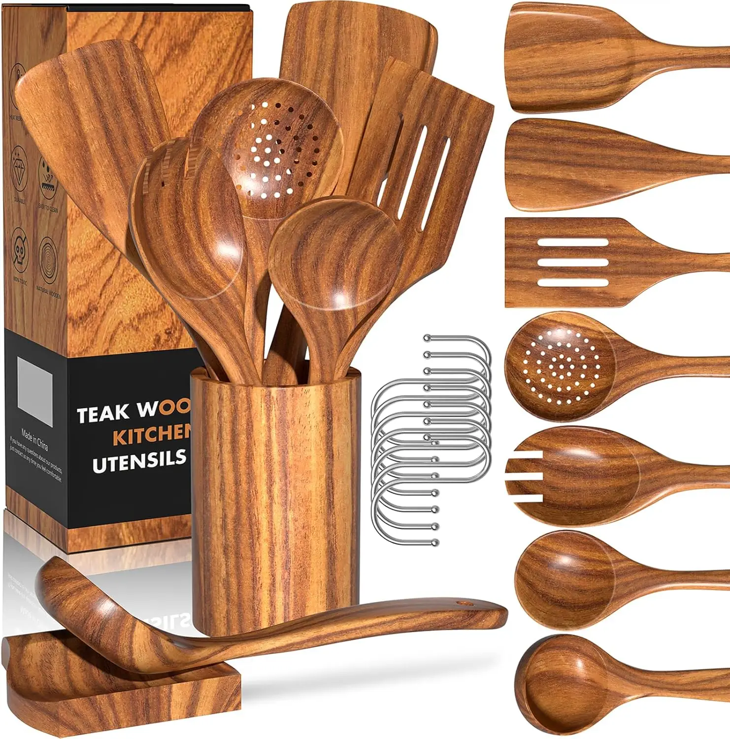 

Natural Teak Kitchen Cooking Utensil Set with Holder, Wooden Spoons for Cooking, 10PCS Cooking Spatulas Set with Spoon Rest, Woo