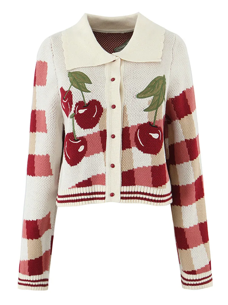 

Cherry Embroidered Knitted Cardigan Jacket Lady Sweet Long Sleeved Round Neck Cozy Sweater Women Spring Winte Casual Commute Top