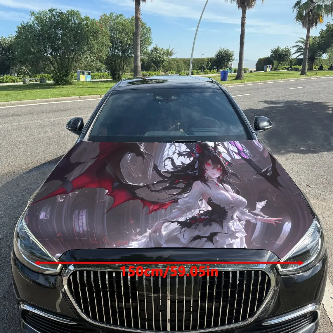 Vampire Bride under Mysterious Bat Shadows Car Vinyl Wrap, PVC Waterproof Car Hood Sticker, Self-Adhesive Scratch-Resistant Stic