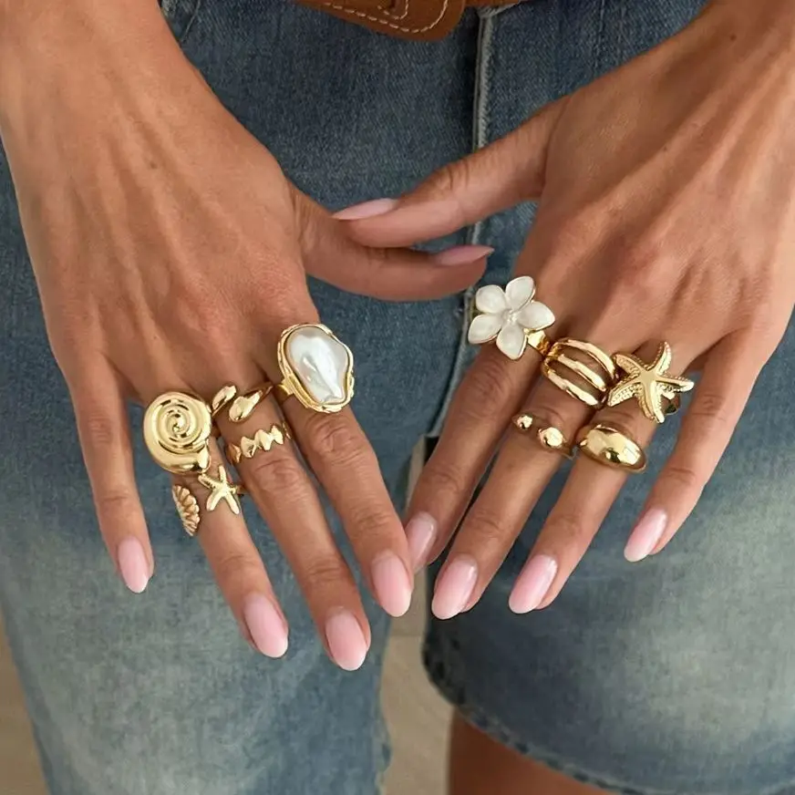 SHIXIN 2027 New 10 Pcs/Set Irregular Metal Flower Open Rings for Women Elegant Baroque Imitation Pearl Ring Jewelry Accessories