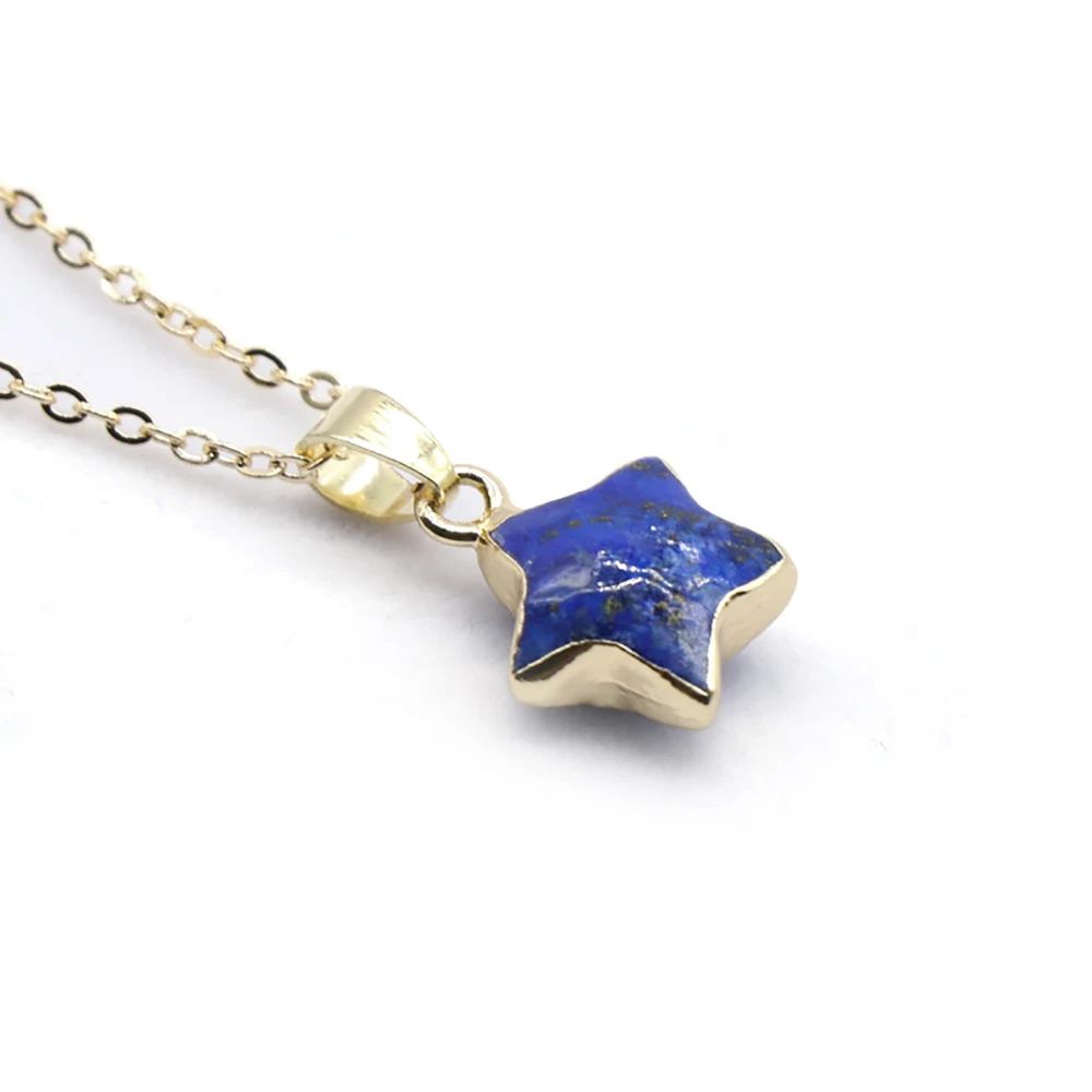Natural Gemstone Semi-Precious Stones Simple Gilt Five-pointed Star Lapis Lazuli Quartz Pendant Necklace for Women Size 12mm