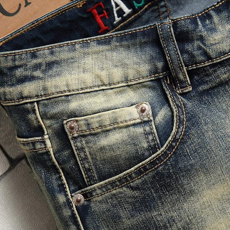 2024 New Retro Biker's Denim Shorts Men's Summer Slim Straight Street Fashion Casual Distressed Cropped Pants