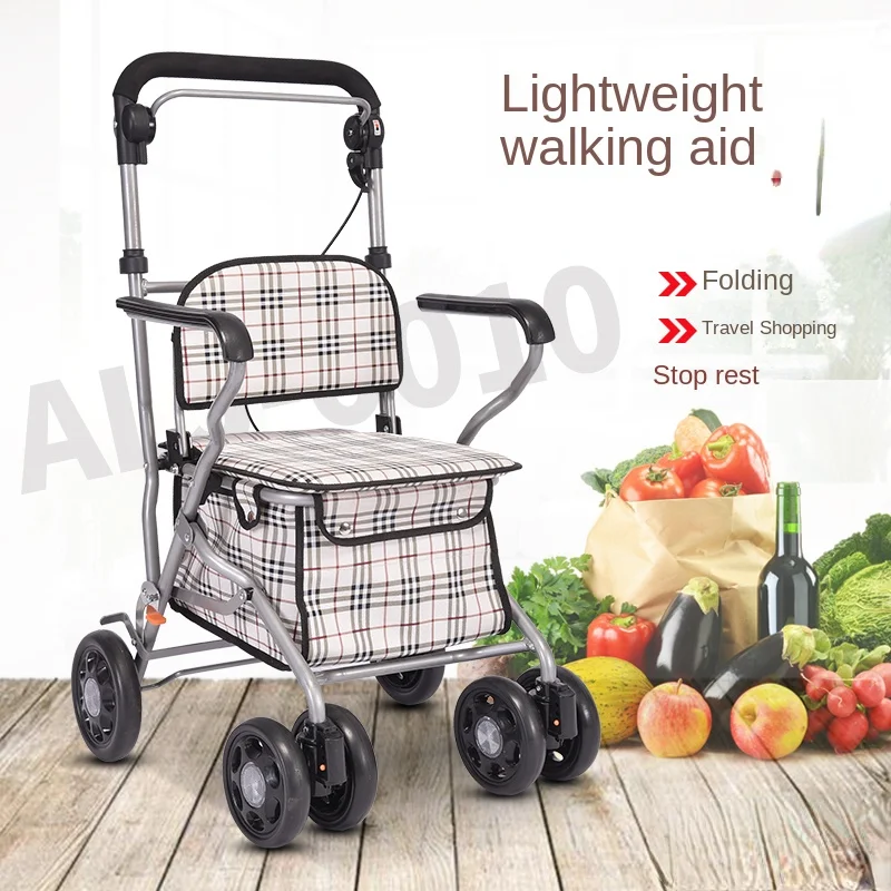 shopping cart for the elderly  small cart for walking  four-wheel folding light to sit on   walking and hand push stick