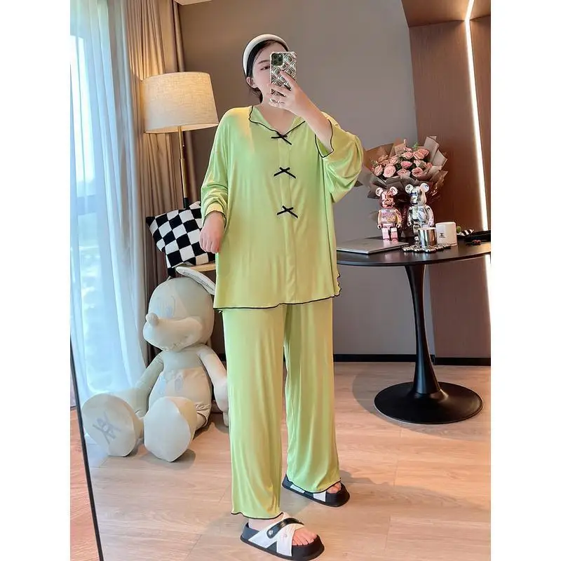 Large Size 4XL 150KG Spring Women 2pcs Pajama Sets Pyjama Sleepwear Long Sleeve Large Size Full Sleepwear Clothess Sleep Tops