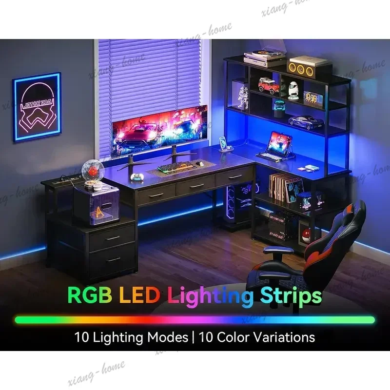 LD Bold‑looking 79 Inch L‑Shaped Desk, Reversible Black Gaming Computer Desk with 5 Drawers & 2 Power Outlets
