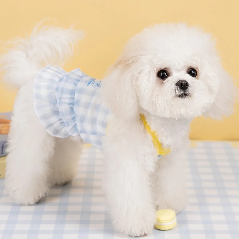 Gaun Gambar Beruang Lucu Pakaian Anak Anjing Musim Semi Gaun Putri Teddy Jaring Bersirkulasi Rok Halter Kartun Kotak-kotak Macaroon Hewan Peliharaan