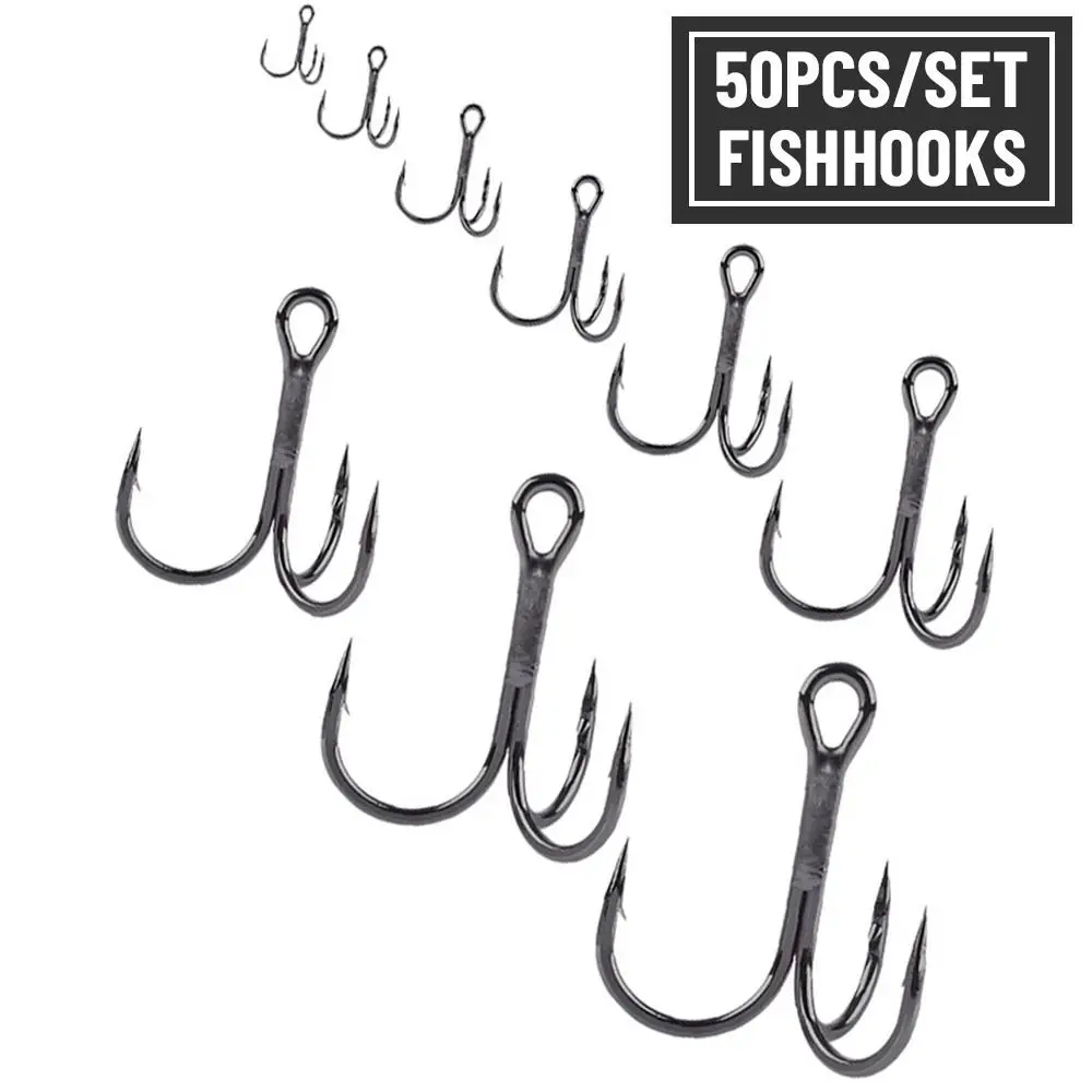 50Pcs/set Nickel Super Sharp Fishhooks Black Treble Fishing Hooks  High Carbon Steel Matte Tin Hooks Fishing Tackle