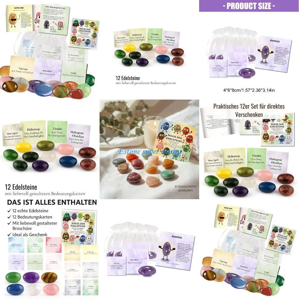 مجموعة هدايا 090B 12x من الأحجار الكريمة المحظوظة مع دليل وحقيبة تخزين للأطفال الذين يصنعون الهدايا