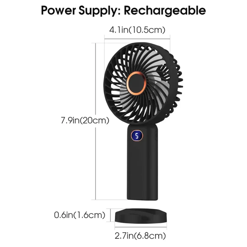 Portable Handheld Fan USB Rechargeable Mini Fan Digital Display 5-Speed Adjustment Suitable For Travel Outdoor Office Home