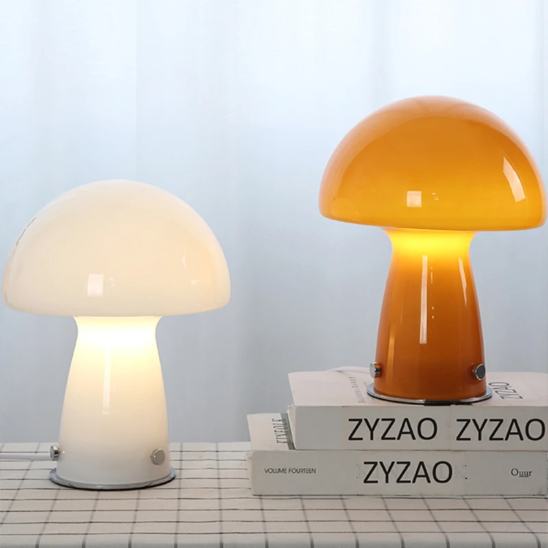 Nordic Mushroom Table Lamp Led Vintage Glass Mushroom Desk Decorative Lamp  Ins Living Room Bedroom Bedside Lamps Night Light