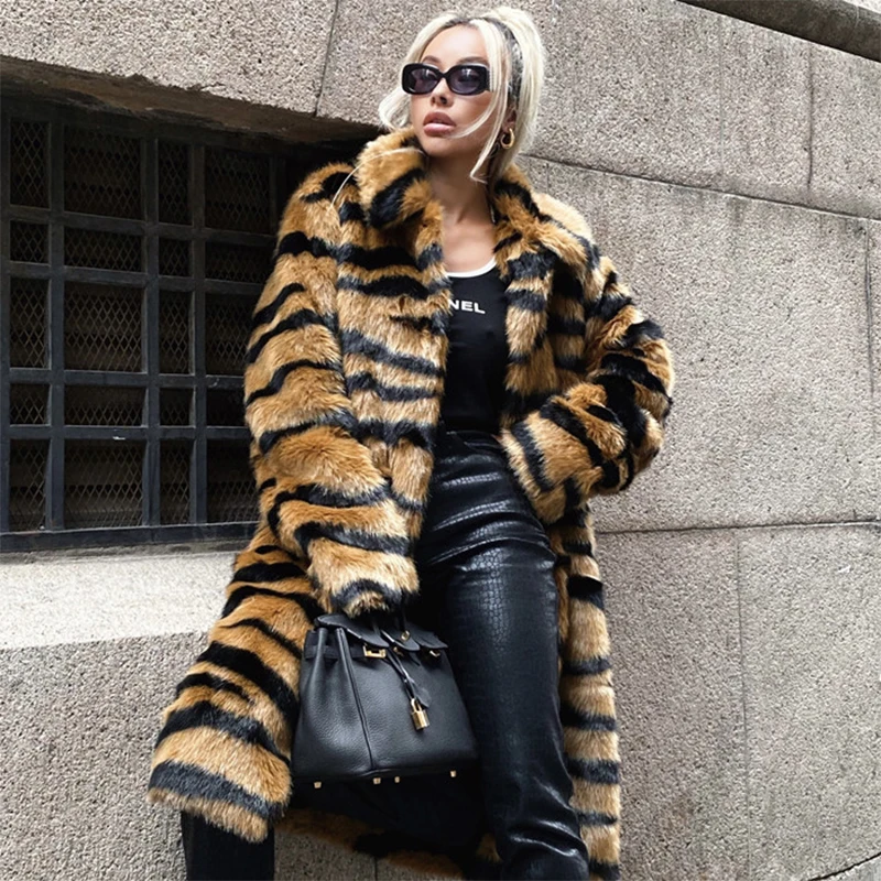 Faux Fur Coat Winter Ladies Thick Long Coat Turn Down Collar Plush Warm Artificial Fur Tiger Pattern Long Fashion Overcoat 2024