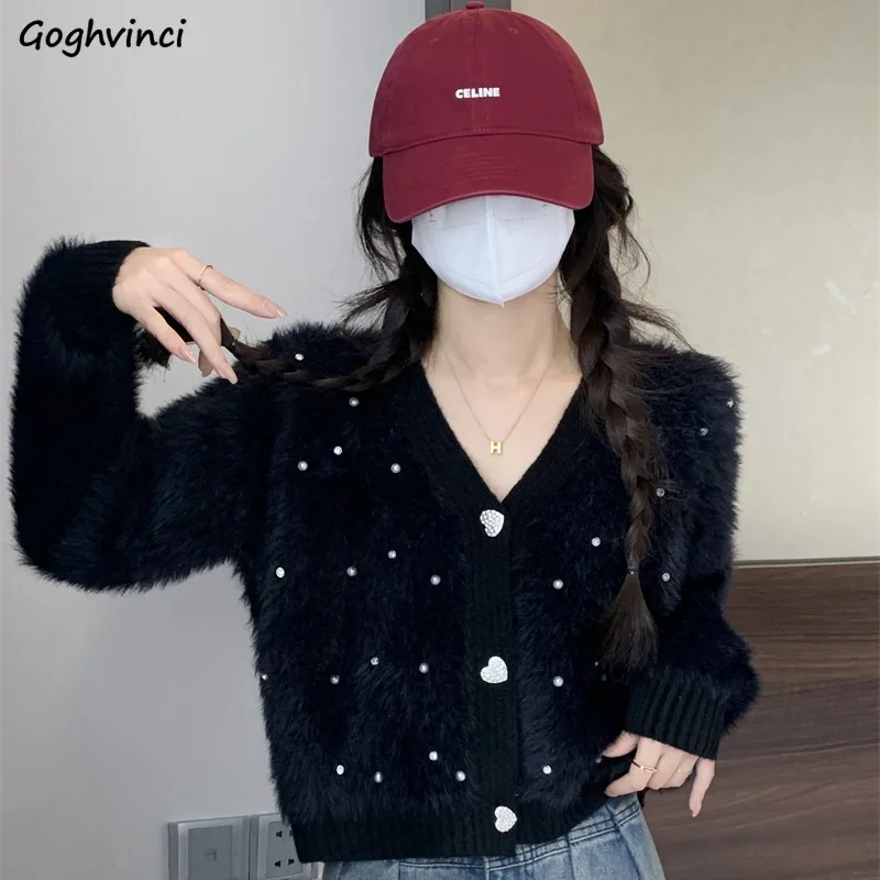 

Furry Cardigans Women V-neck 4 Colors Nail Bead Sweet Korean Fashion Knitted Coats Y2k Clothes All-match Outwear Baggy Harajuku