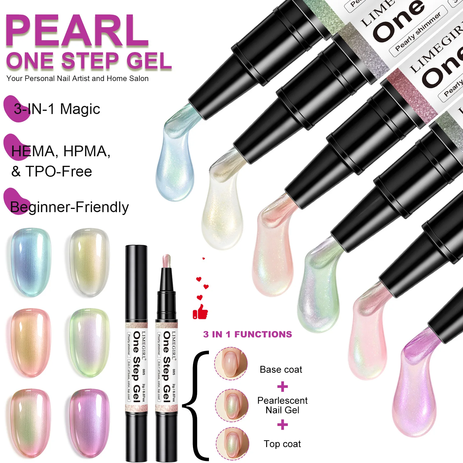 6 Colors 3in1 Pearlescent Gel Nail Polish Pen Gel Nail Varnish Quick-Dry Long Lasting Graffiti Painting Nail Polish Pen