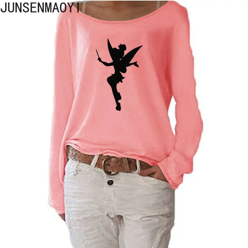 2022 New Women Tinkerbell Fairy Silhouette Cartoon Women Long Sleeve Funny Autumn Tshirt Women Casual Clothes Top Tee