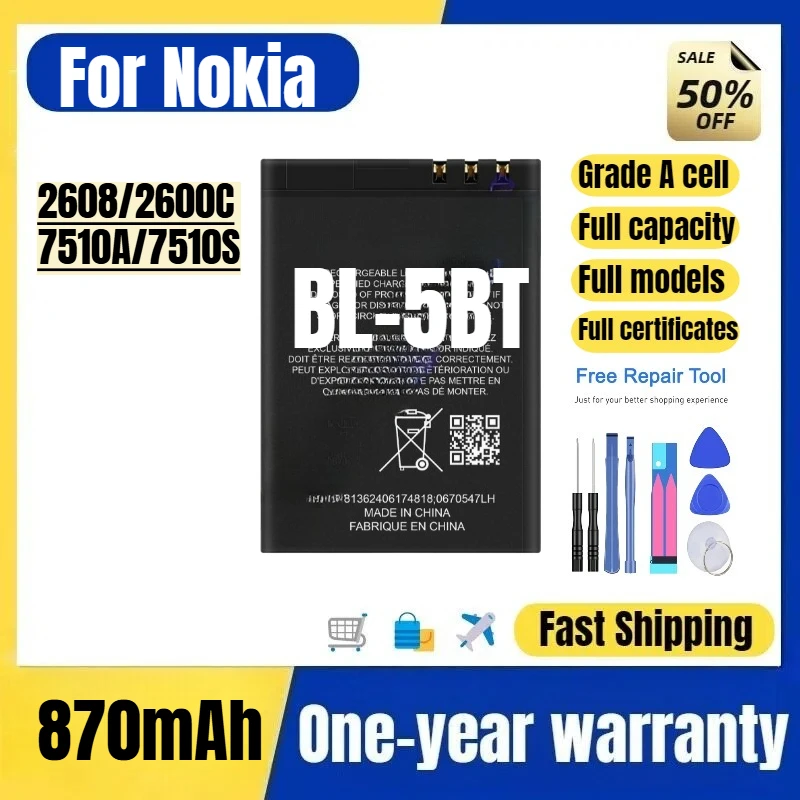 BL-5BT for Nokia 2608/2600C/7510A/7510S Phone Battery High Quality High Capacity Replacement Bateria Grade A Cell with Tools