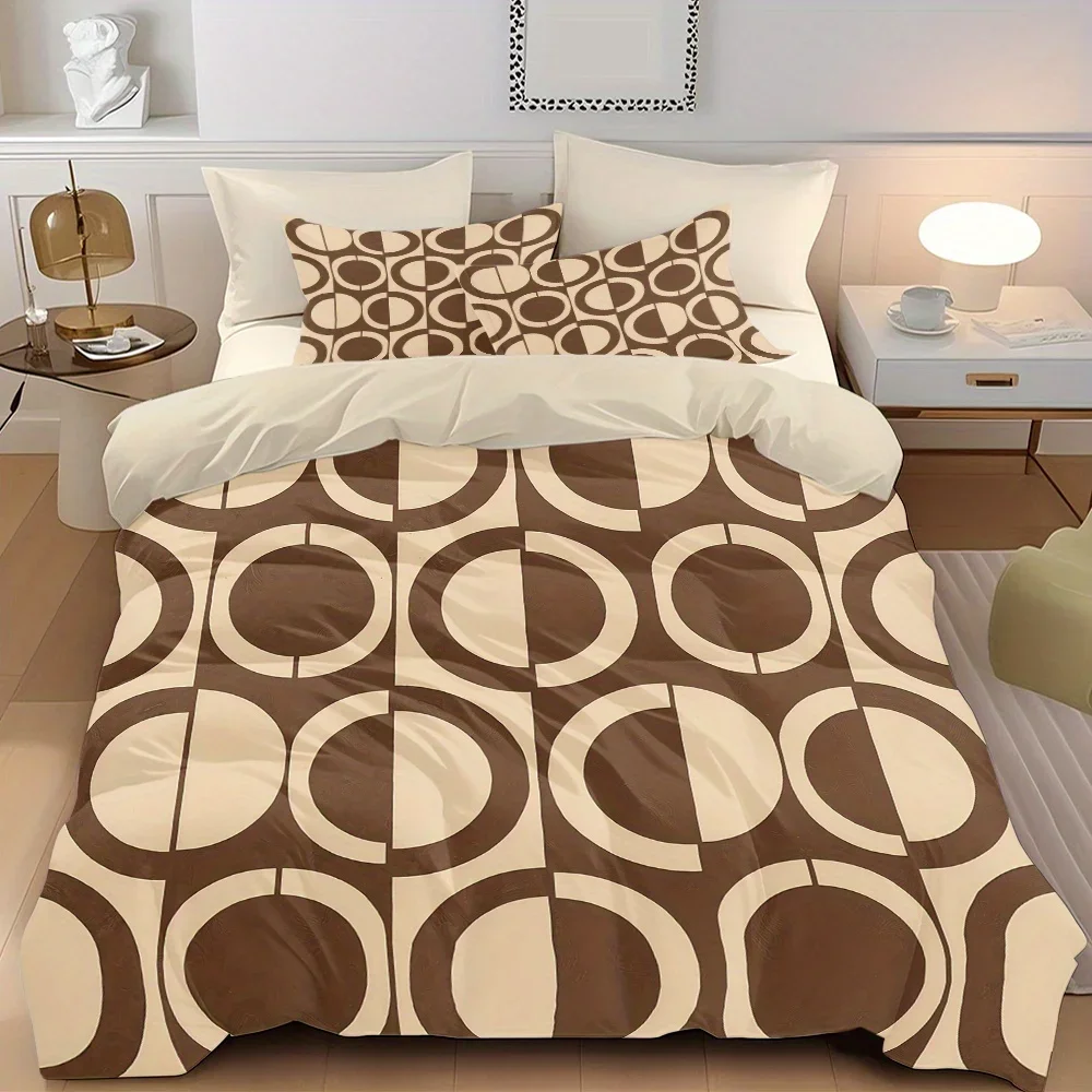 Brown Geometric Circle Bedding Set 3D Printing 2-3 Piece Set (No Core) Suitable for Bedroom Duvet Cover Set Gift Halloween Decor