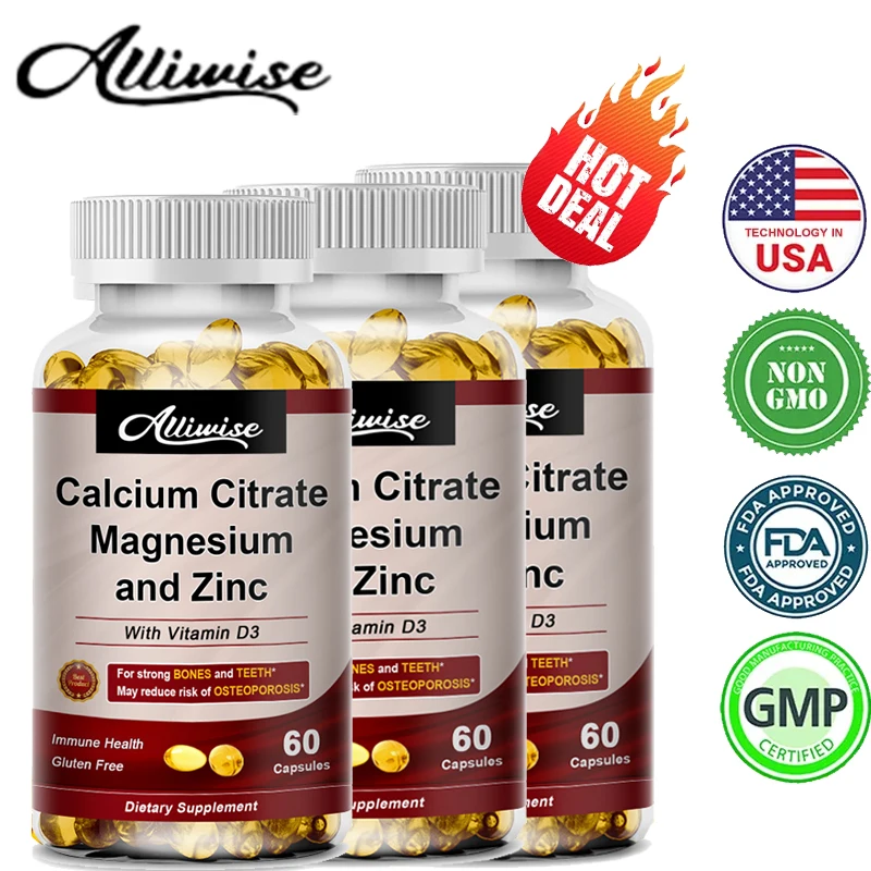 

Alliwise Calcium Magnesium Zinc Capsule Vitamin D3 for Strong Bones Teeth Heart Nerve Increase Immune System Function Supplement