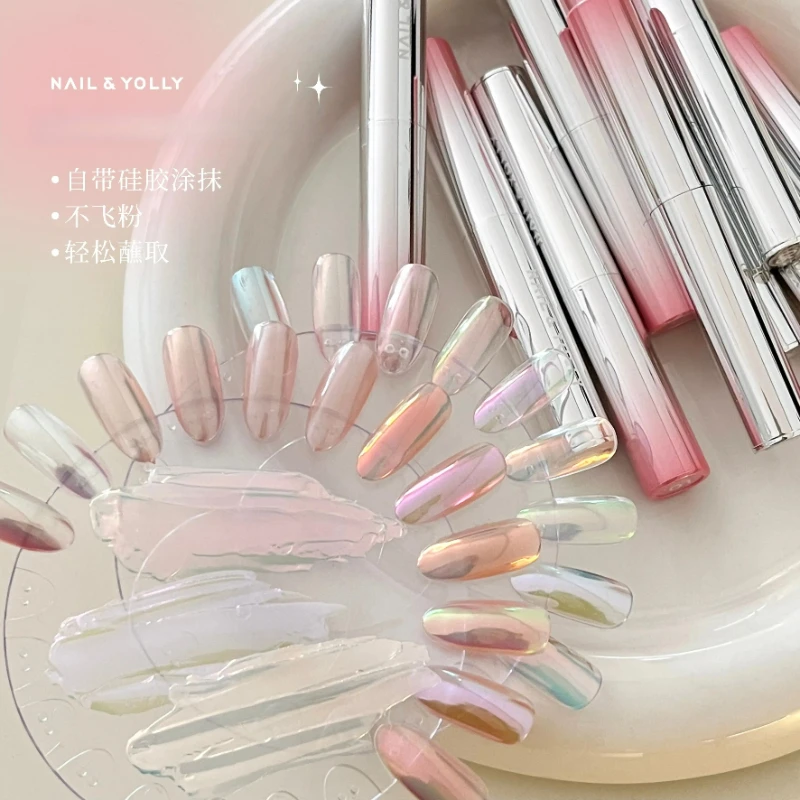 12Colors Aurora Fairy Powder Nail Glitter Stick Moonlight Magic Mirror Neon Mirror Powder with Silicone Brush Nail Art