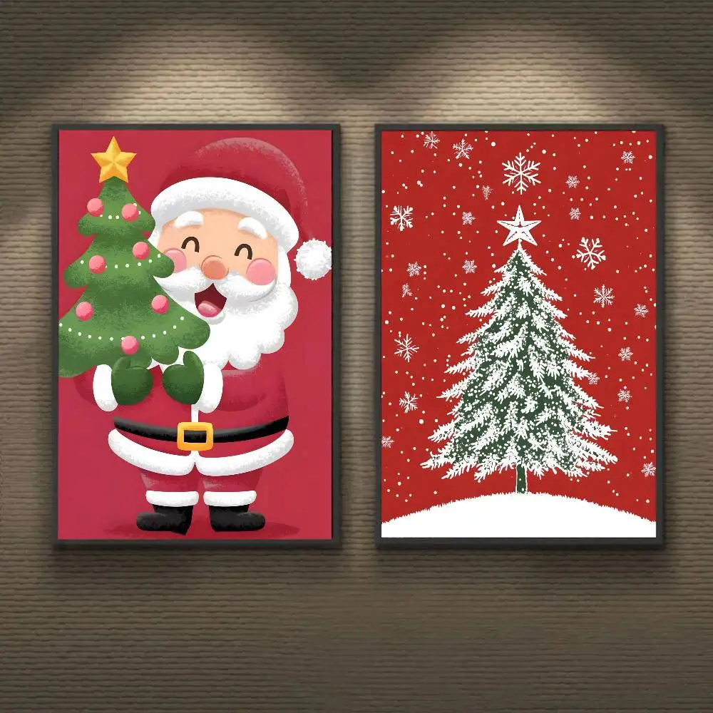 Santa Claus And The Christmas Tree Poster Art With Prints Home Bedroom Living Room Decoration Gift