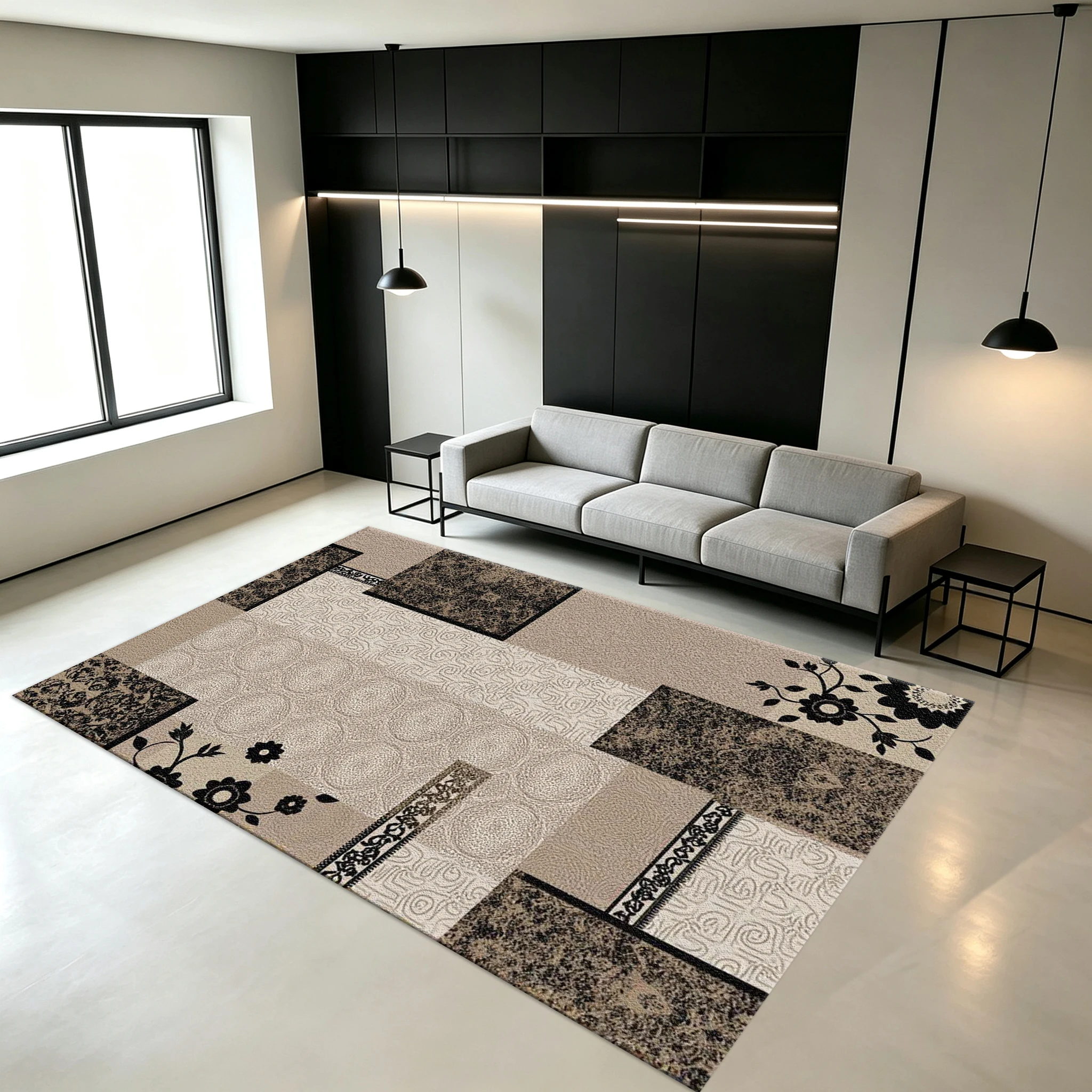 Neutral Brown Patchwork Floral Collage Carpet, Vintage Mixed Texture Printed Carpet, Non-Slip Floor Mat Suitable for Living Room, Bedroom, Home Decoration