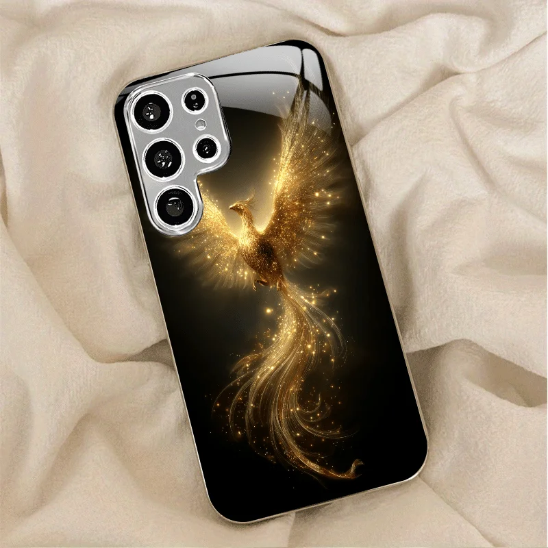 Colorful golden phoenix electroplated glass phone case  for Samsung Galaxy S26 S25 S24 S23 S22 S20 FE/Ultra/Plus anti drop Cover