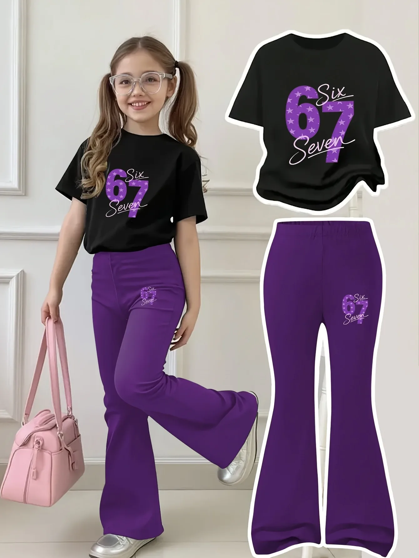 Girls 2 Piece Purple Star Number 67 Print Outfit Black Short Sleeve T-shirt & Purple Flare Leg Pants Kids Casual Streetwear Set