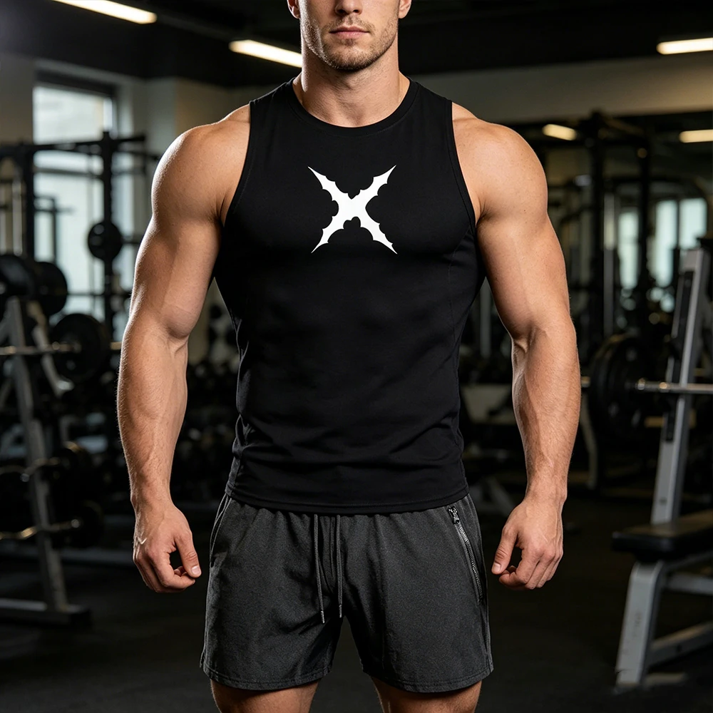 Conjunto de Roupas Esportivas Masculinas em 2 Peças Sem Mangas, Camiseta de Compressão e Calções de Secagem Rápida com Estampa Gótica X Thorns para Fi
