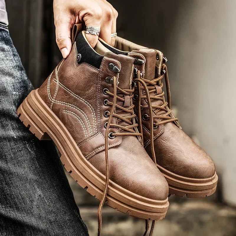 Men High-top Men's Large-sized Mid-calf Lace-up Leather Boots with A Retro Style New All-season Casual and Versatile Work Boots