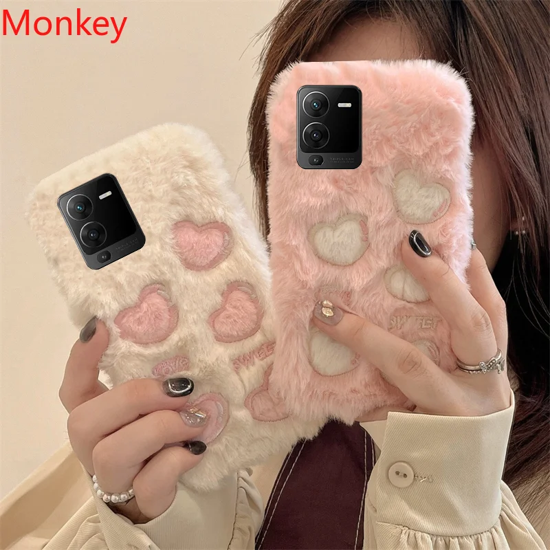 Korean Cute Love Heart Plush Warm Fluffy Phone Case For VIVO V25 V23E V21 V20 Y22 Y33S Y21 Y31 Y16 Y35 Y15A Y76 Furry Soft Cover